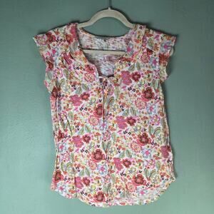 Lucky Brand Womens Floral Print Tie Front Flutter Sleeve Short Sleeve Top Medium